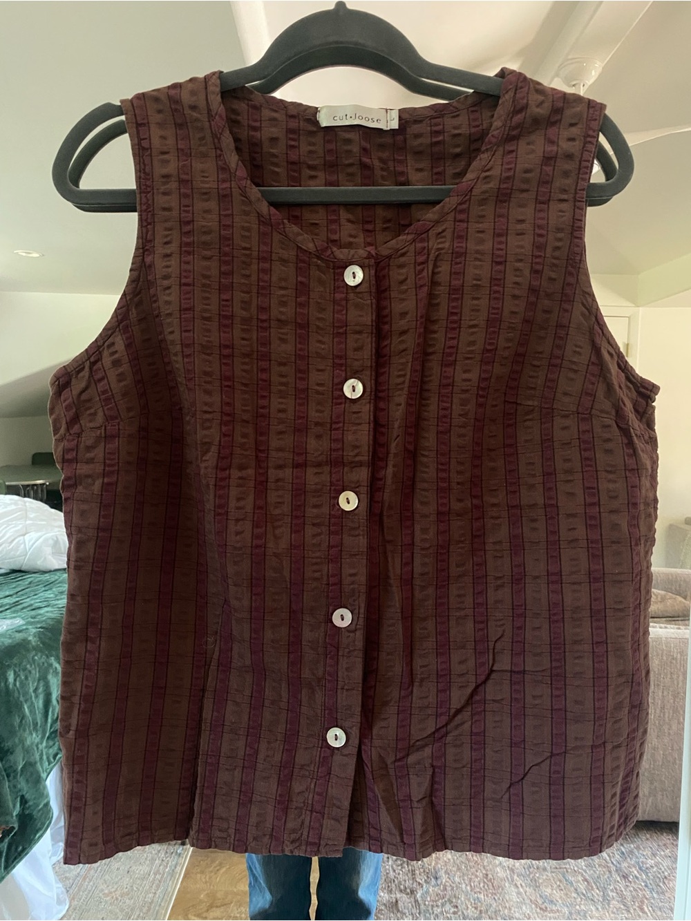 cut loose sleeveless button-front tank top vest brown burgundy stripe plaid